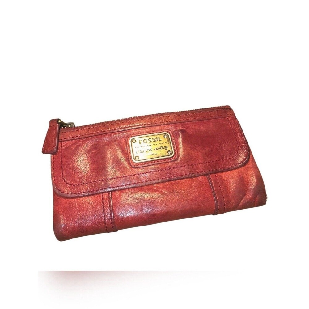 Fossil Y2K Vintage Distressed Red Leather Multi Compartment Full Size Wallet